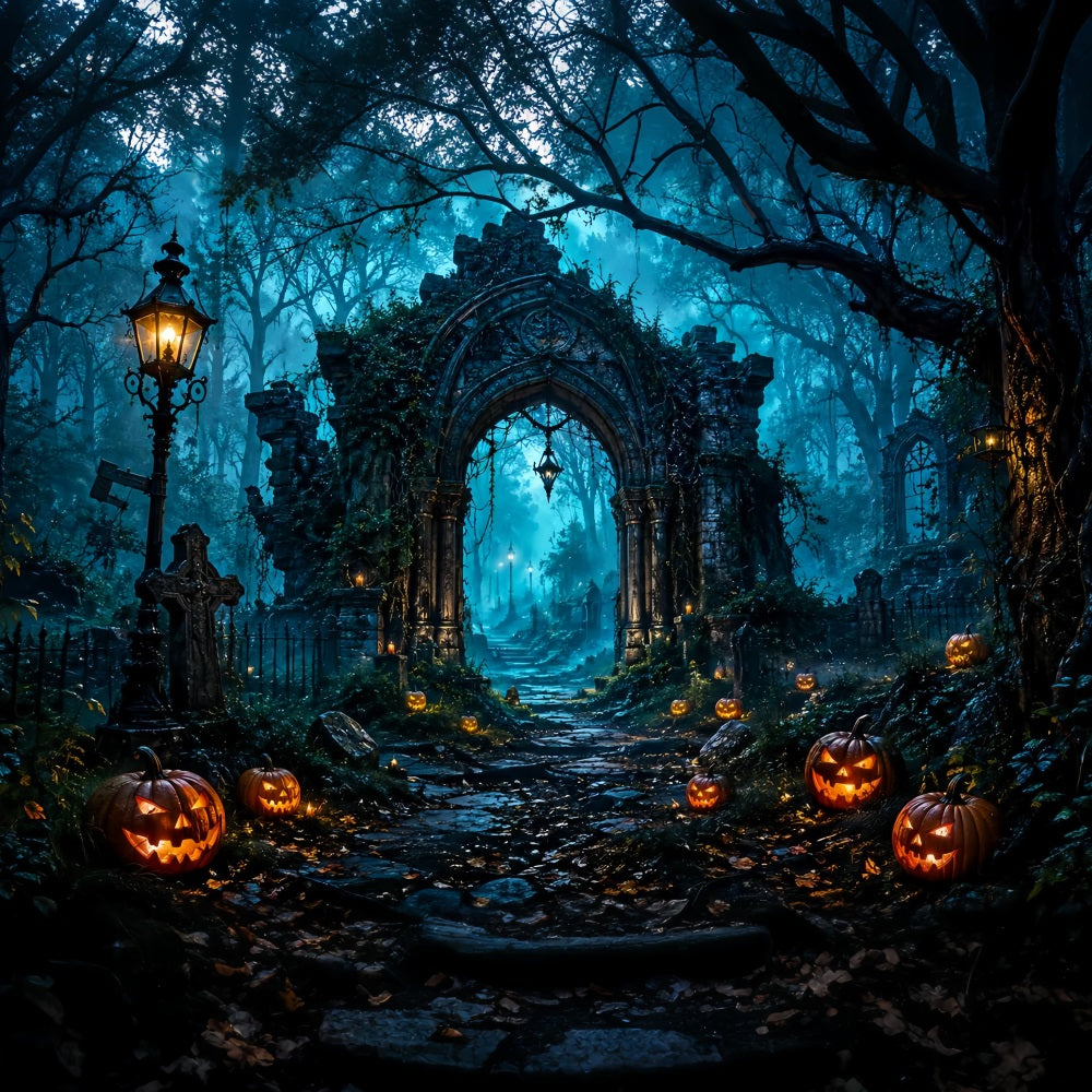 Halloween Arch Backdrop Haunted Forest Ruins Pumpkins Large Halloween Backdrops LXX67-36