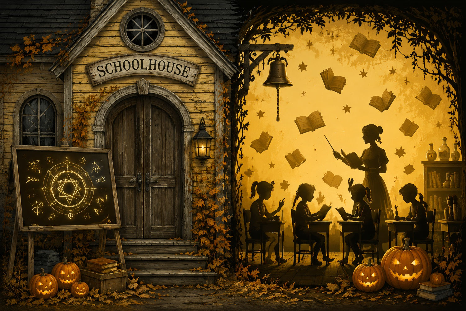 Halloween Backdrop Photo Booth Enchanted Schoolhouse Pumpkin Classroom Backdrops Halloween LXX67-37
