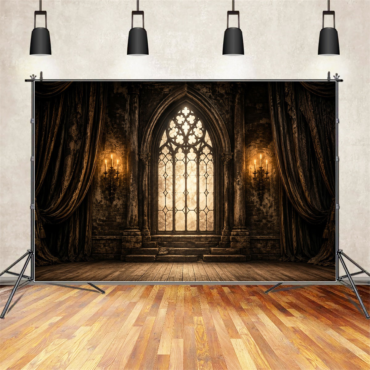 Halloween Stage Backdrop Gothic Cathedral Window Candles Halloween Photography Backdrops LXX67-38