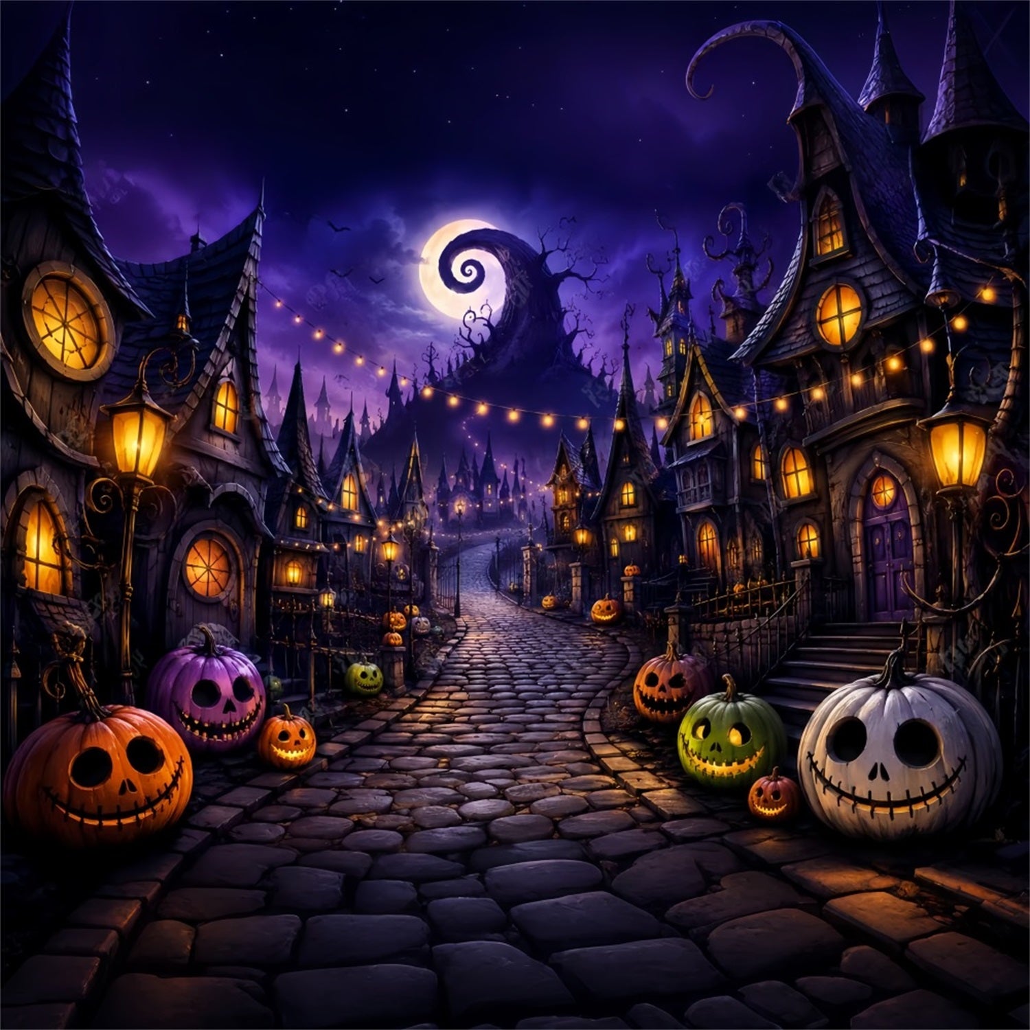 Photography Backdrops Halloween Purple Pumpkin Village Street Halloween Town Backdrop LXX67-40