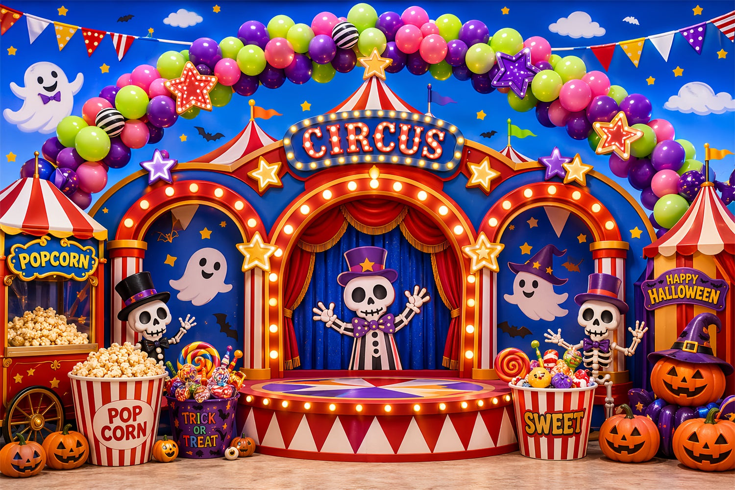 Halloween Carnival Backdrop Skeleton Circus Candy Stage DIY Halloween Backdrop LXX67-44