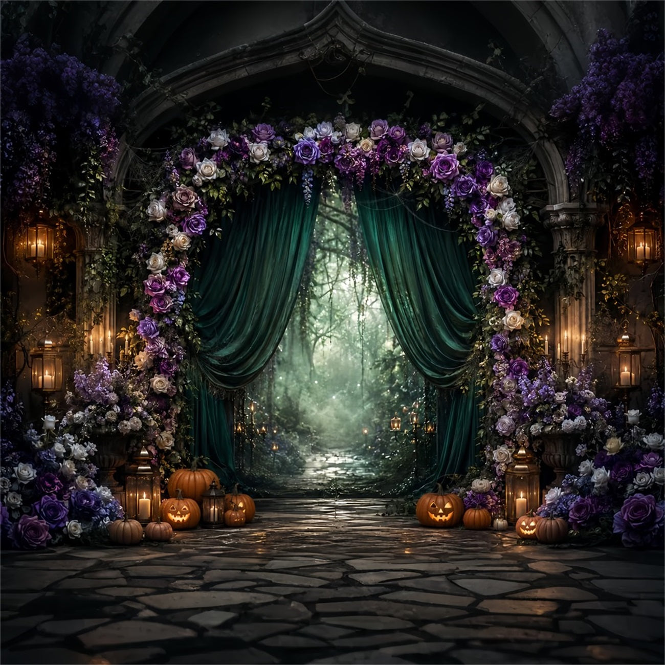 Halloween Backdrop Photography Gothic Floral Forest Arch Halloween Scary Backdrop LXX67-46