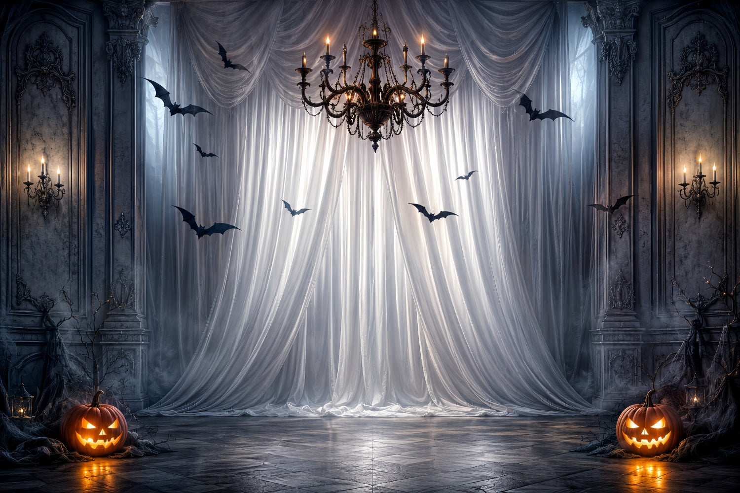 Halloween Party Photo Backdrop Ideas Gothic Drapery Chandelier Bats Creepy Halloween Backdrop LXX67-50