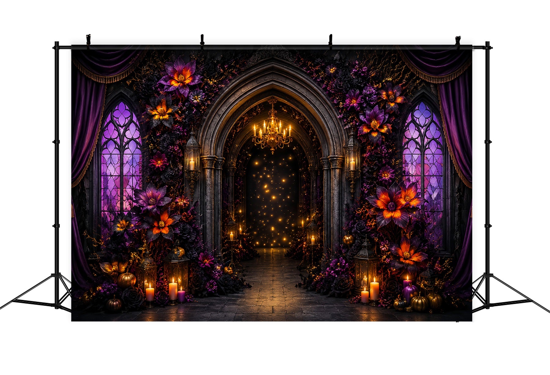 Halloween Scene Backdrop Purple Floral Gothic Arch Backdrop For Halloween LXX67-51