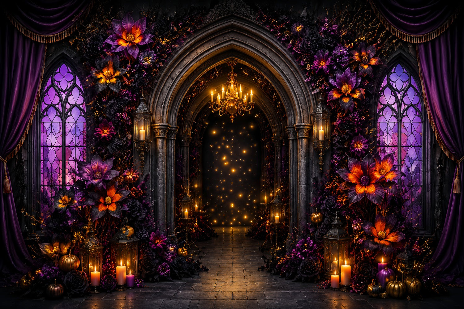 Halloween Scene Backdrop Purple Floral Gothic Arch Backdrop For Halloween LXX67-51