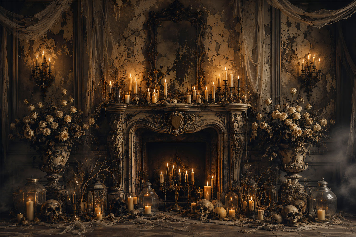 Fabric Halloween Backdrop Gothic Candle Skull Fireplace Halloween Backdrop For Pictures LXX67-61