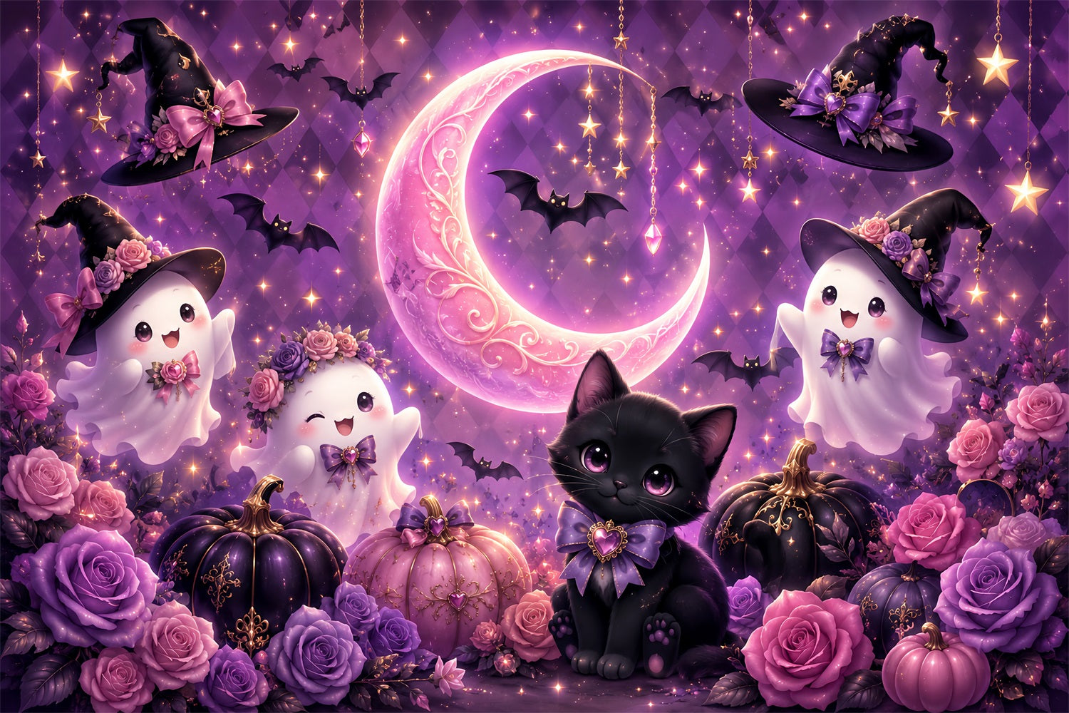 Cute Halloween Backdrops Cute Ghost Cat Moon Halloween Backdrops Scene Setters LXX67-63