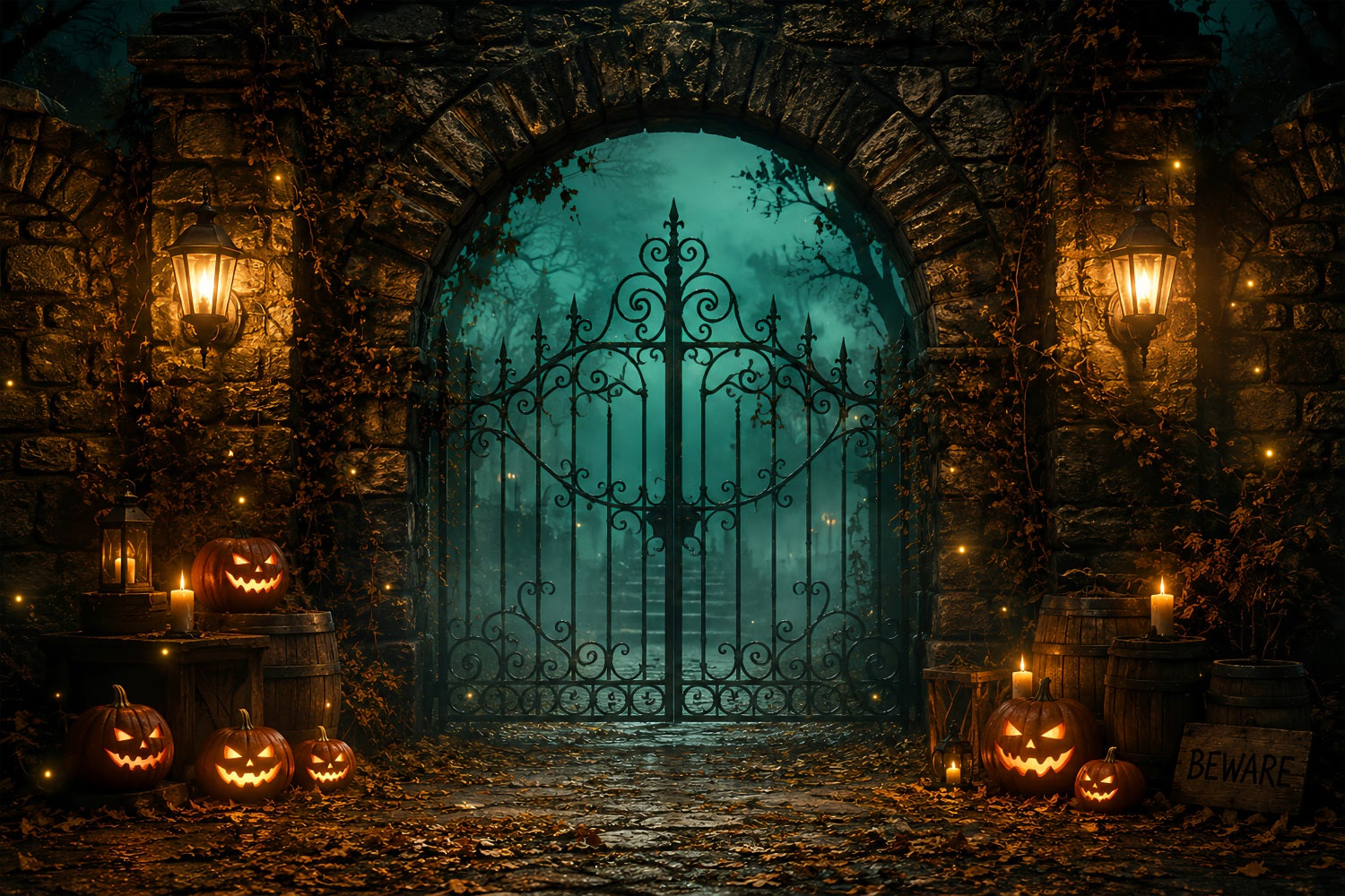 Halloween Party Backdrops Lantern Stone Pumpkin Gate Halloween Photo Booth Backdrop LXX67-64