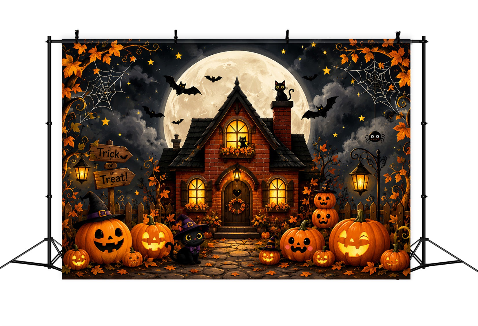 Outdoor Halloween Backdrop Cute Pumpkin Cat Cottage Spooky Halloween Backdrop LXX67-66