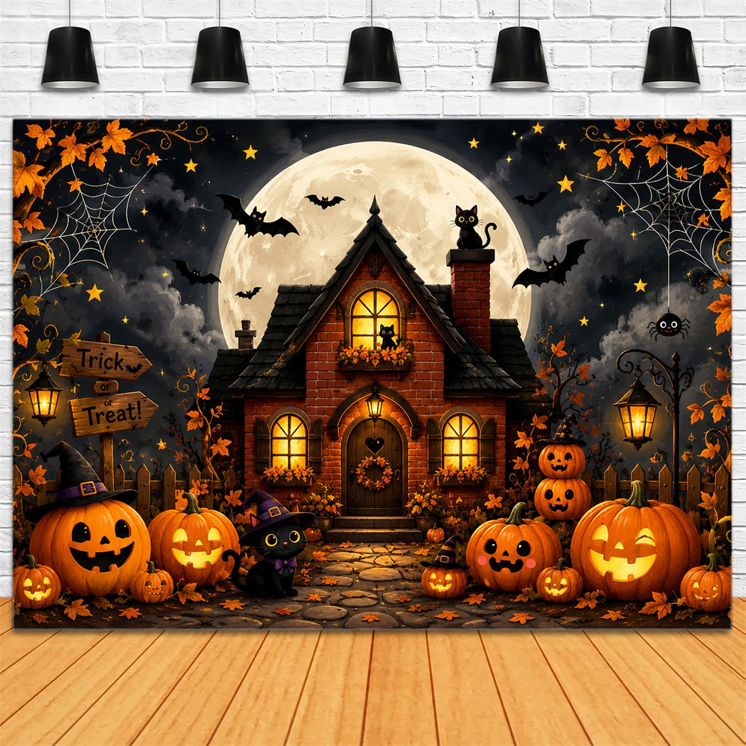 Outdoor Halloween Backdrop Cute Pumpkin Cat Cottage Spooky Halloween Backdrop LXX67-66