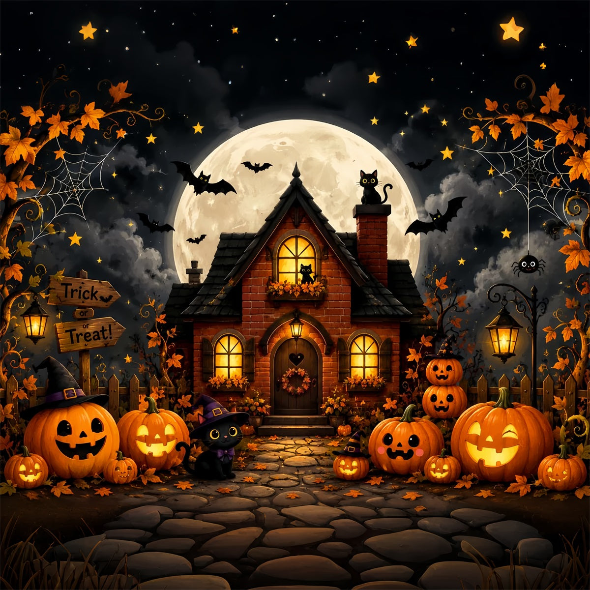 Outdoor Halloween Backdrop Cute Pumpkin Cat Cottage Spooky Halloween Backdrop LXX67-66