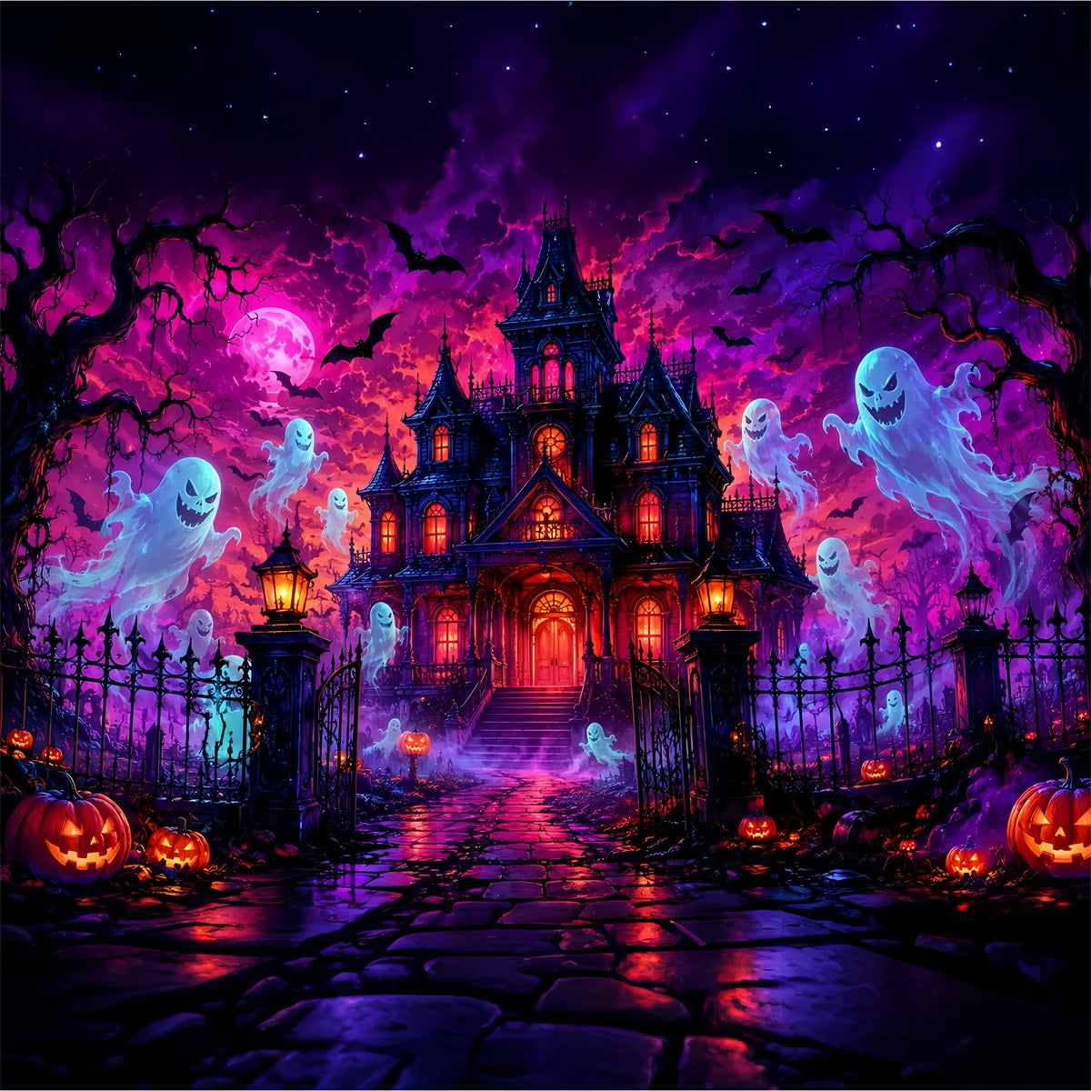 Halloween Cardboard Backdrops Neon Ghost Mansion Night Halloween Photography Backdrop LXX67-76