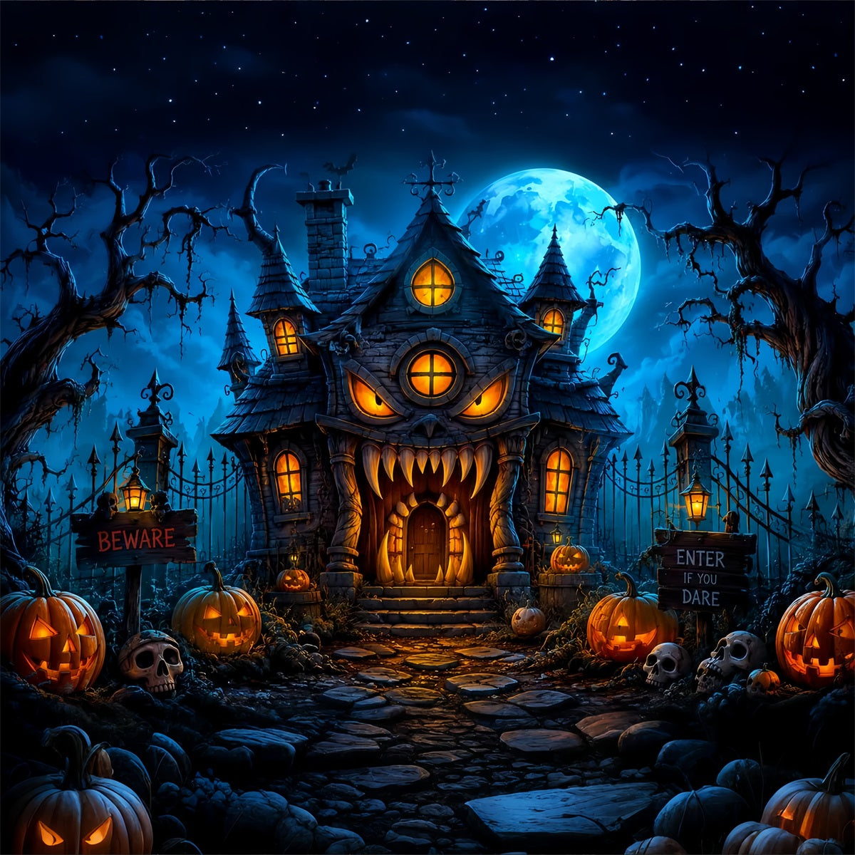 Halloween Backdrop Outdoor Monster Mansion Pumpkin Night Photo Backdrop Halloween LXX67-78