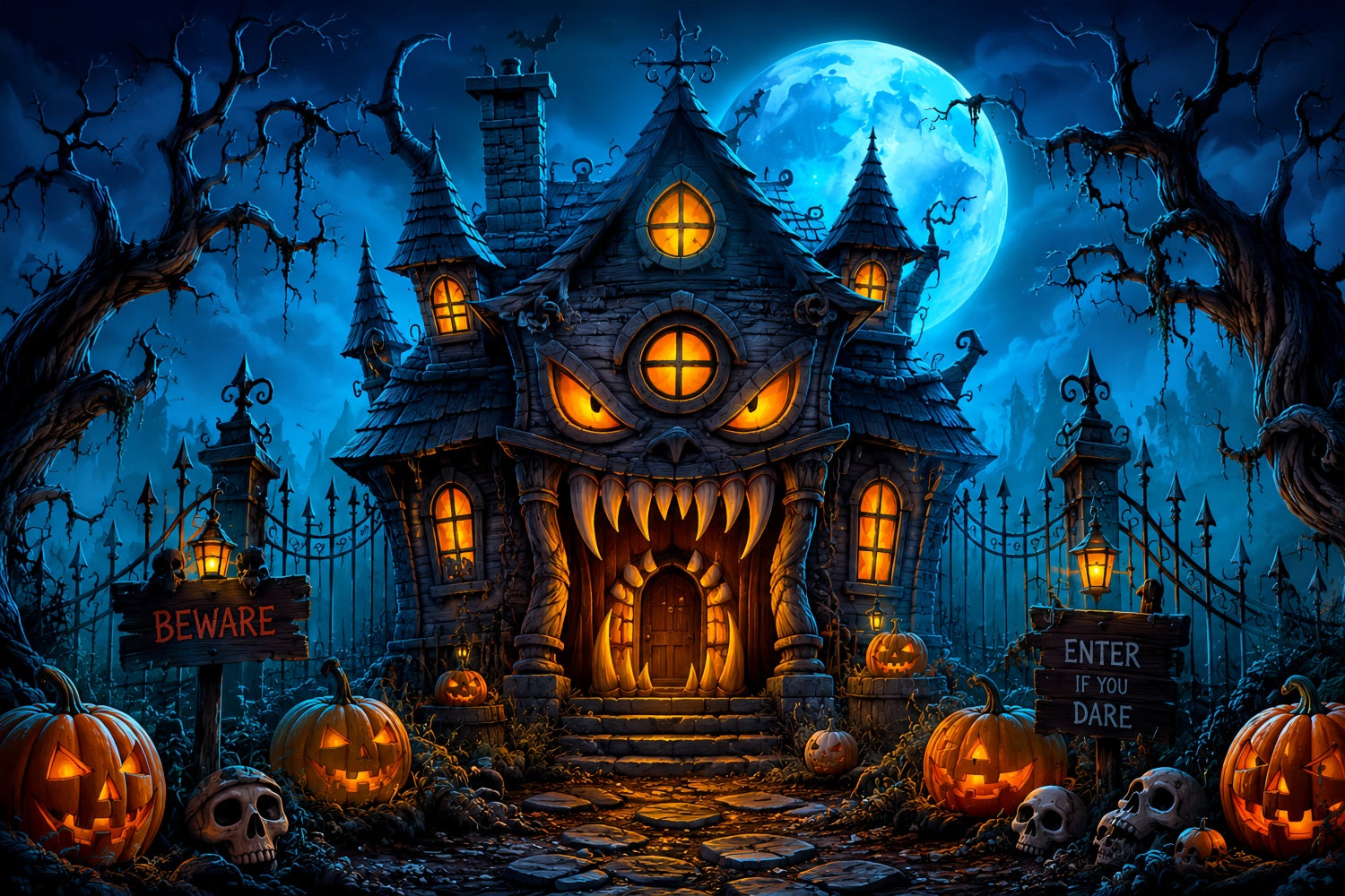 Halloween Backdrop Outdoor Monster Mansion Pumpkin Night Photo Backdrop Halloween LXX67-78