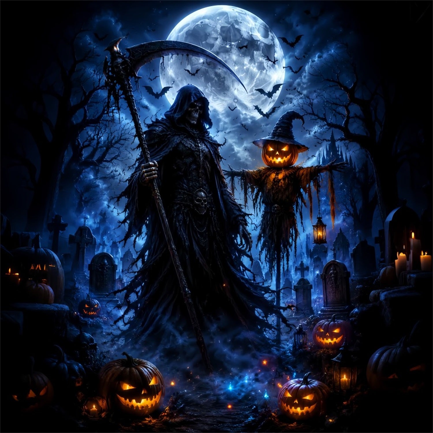 Halloween Moon Backdrop Grim Reaper Scarecrow Graveyard Halloween Photo Backdrops LXX67-8