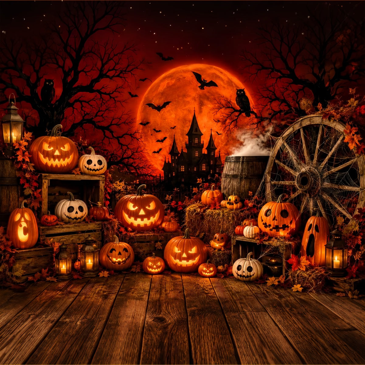 Halloween Backdrop For Photo Booth Red Moon Pumpkin Display Cute Halloween Backdrop LXX67-80
