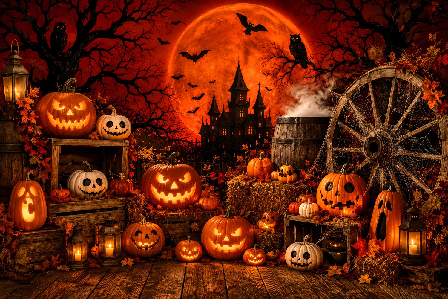 Halloween Backdrop For Photo Booth Red Moon Pumpkin Display Cute Halloween Backdrop LXX67-80
