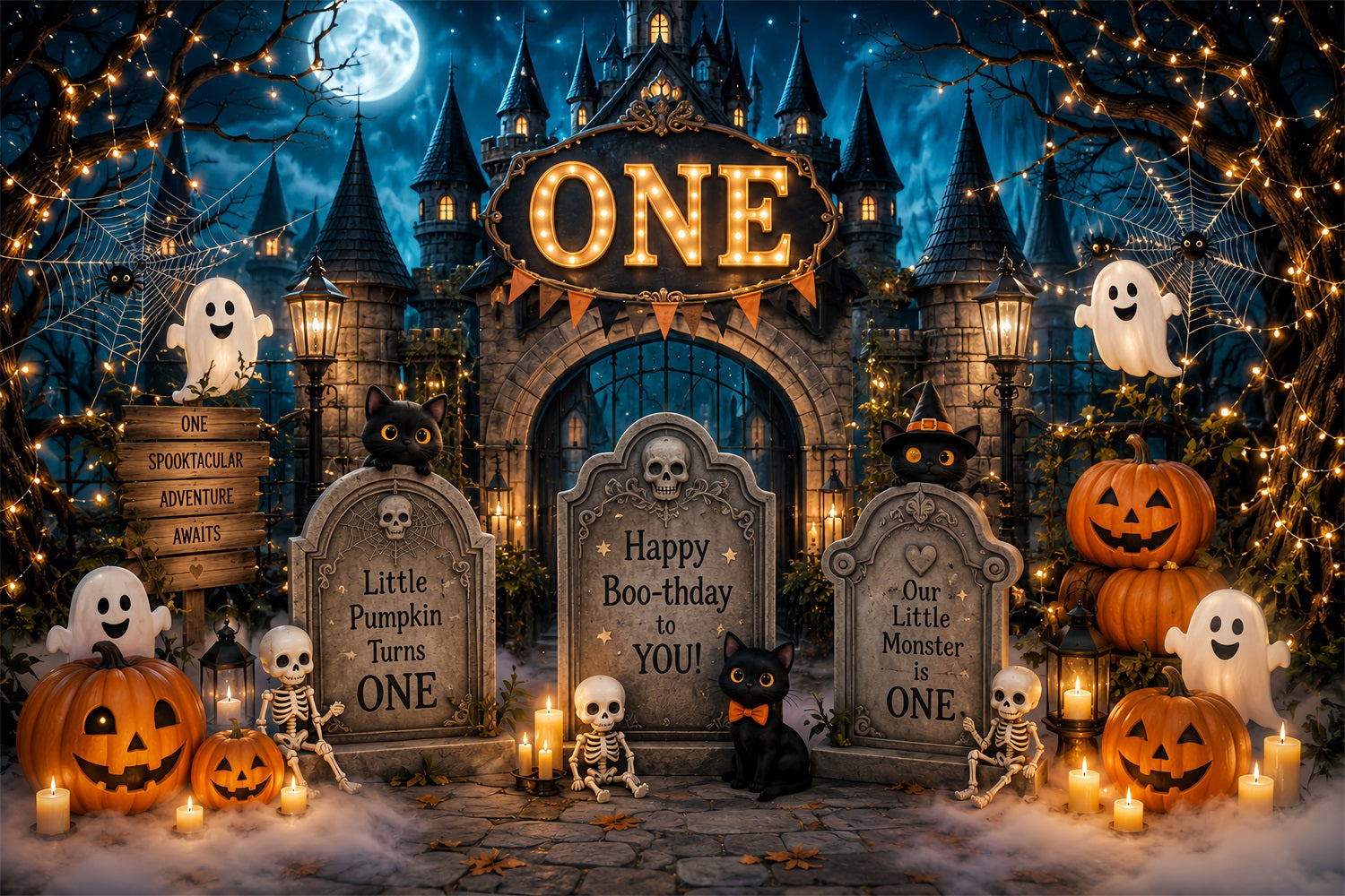 Halloween Picture Backdrops Boo Birthday Graveyard Castle Halloween Birthday Backdrop LXX67-83