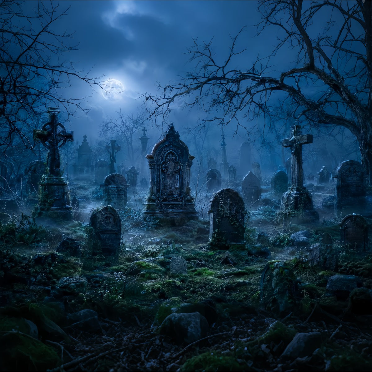 Halloween House Backdrop Moonlit Foggy Cemetery Tombstones Halloween Cemetery Backdrop LXX67-84
