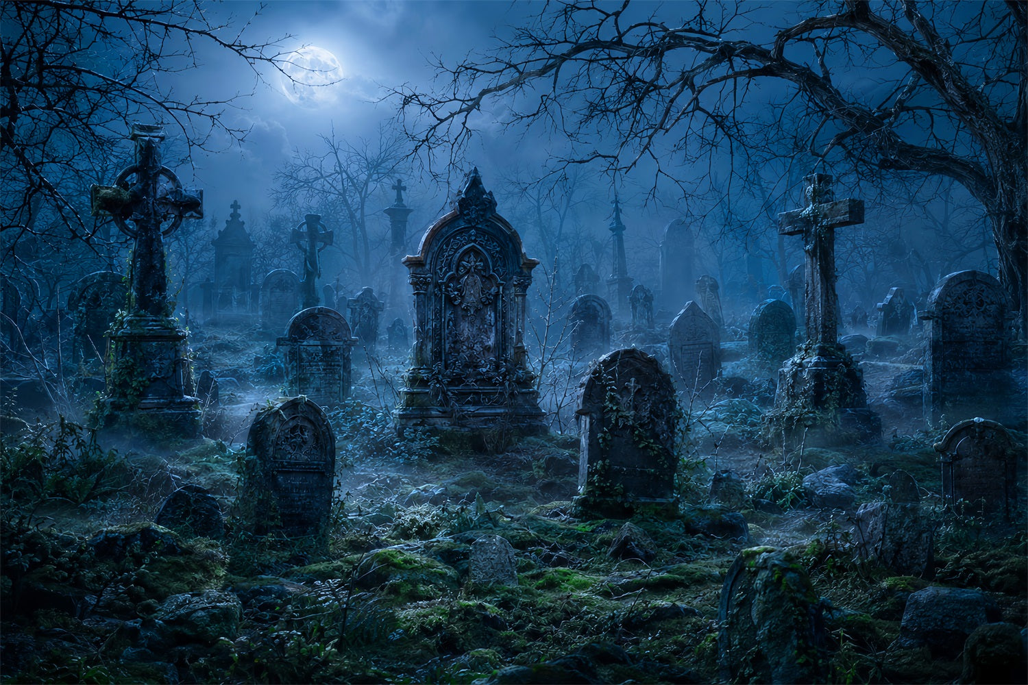 Halloween House Backdrop Moonlit Foggy Cemetery Tombstones Halloween Cemetery Backdrop LXX67-84