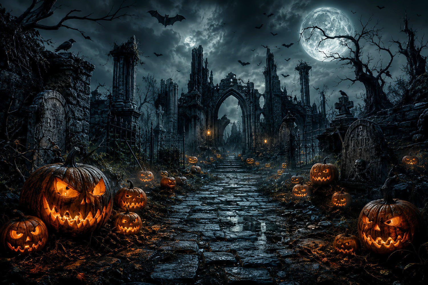 Scary Halloween Backdrop Ideas Gothic Graveyard Pumpkin Ruins Halloween Photoshoot Backdrop LXX67-85