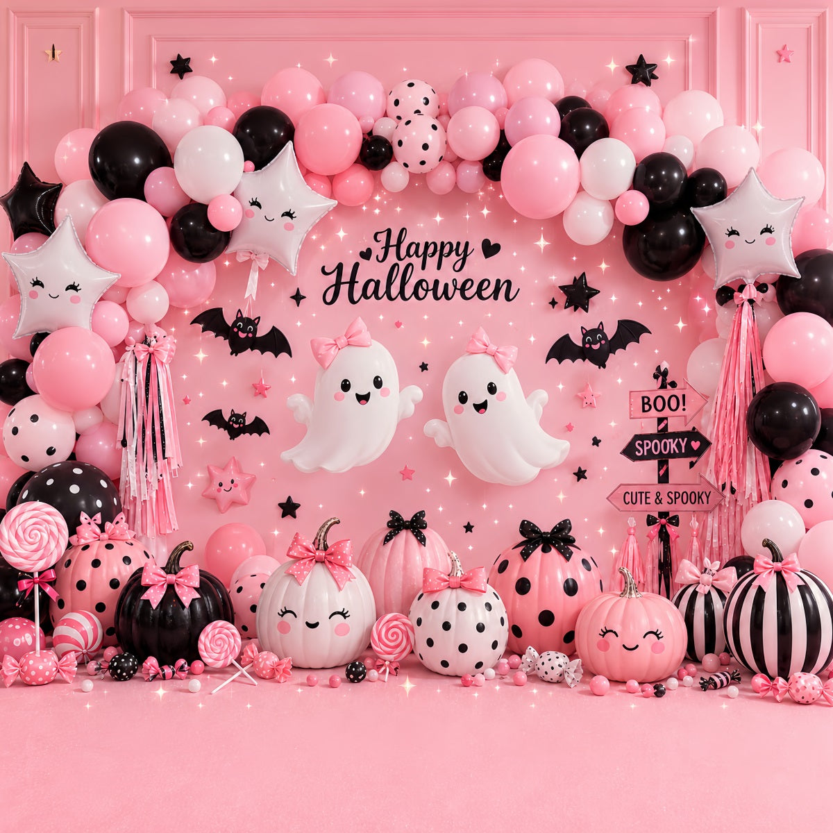 Halloween Balloon Backdrop Pink Ghost Pumpkin Party Halloween Themed Backdrop LXX67-86
