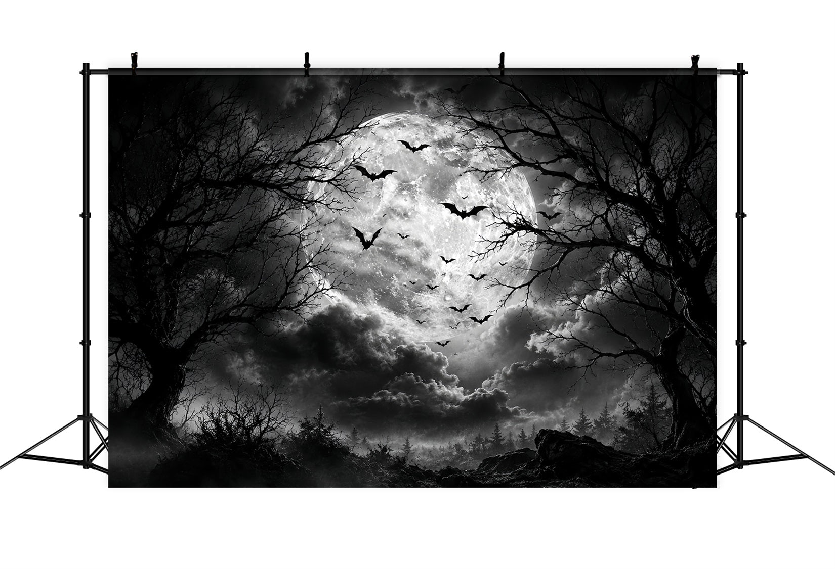 Halloween Forest Backdrop Monochrome Moon Bat Clouds Vintage Halloween Backdrop LXX67-88