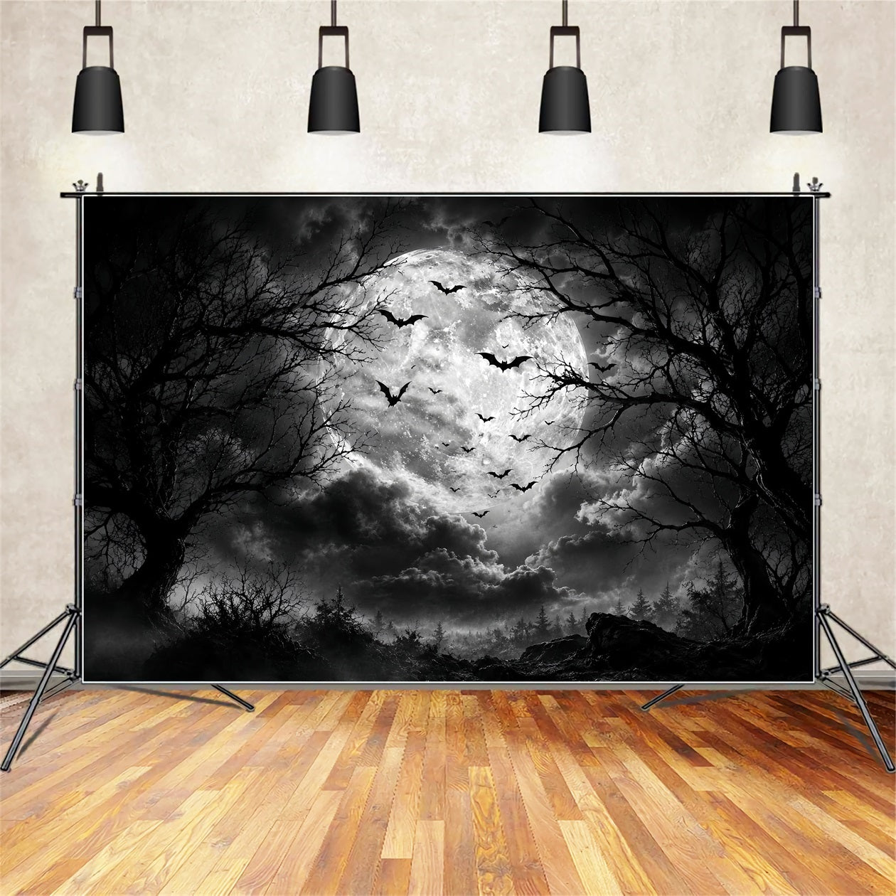 Halloween Forest Backdrop Monochrome Moon Bat Clouds Vintage Halloween Backdrop LXX67-88