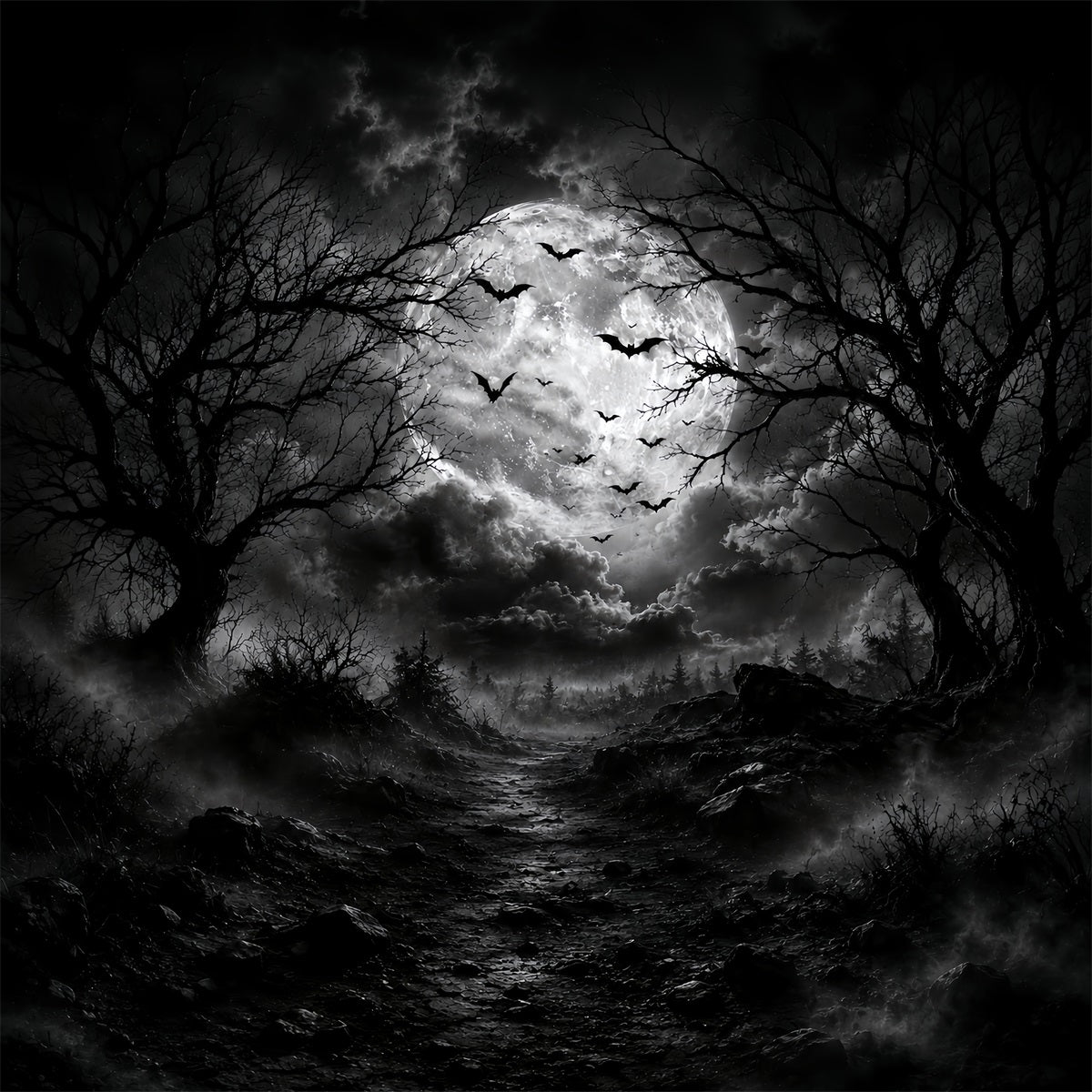 Halloween Forest Backdrop Monochrome Moon Bat Clouds Vintage Halloween Backdrop LXX67-88