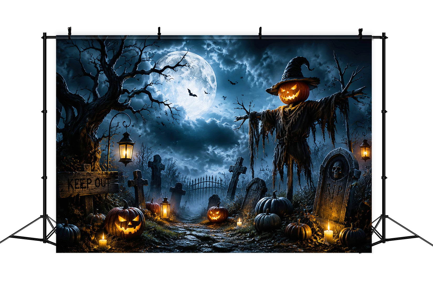Outdoor Halloween Backdrop Moonlit Pumpkin Scarecrow Graveyard Spooky Halloween Backdrop LXX67-9