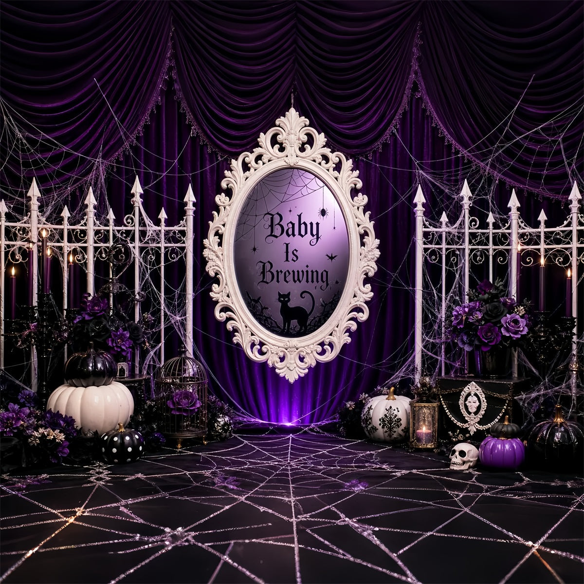 Halloween Baby Shower Backdrop Purple Curtain Witch Pumpkin Photography Halloween Backdrop LXX67-92