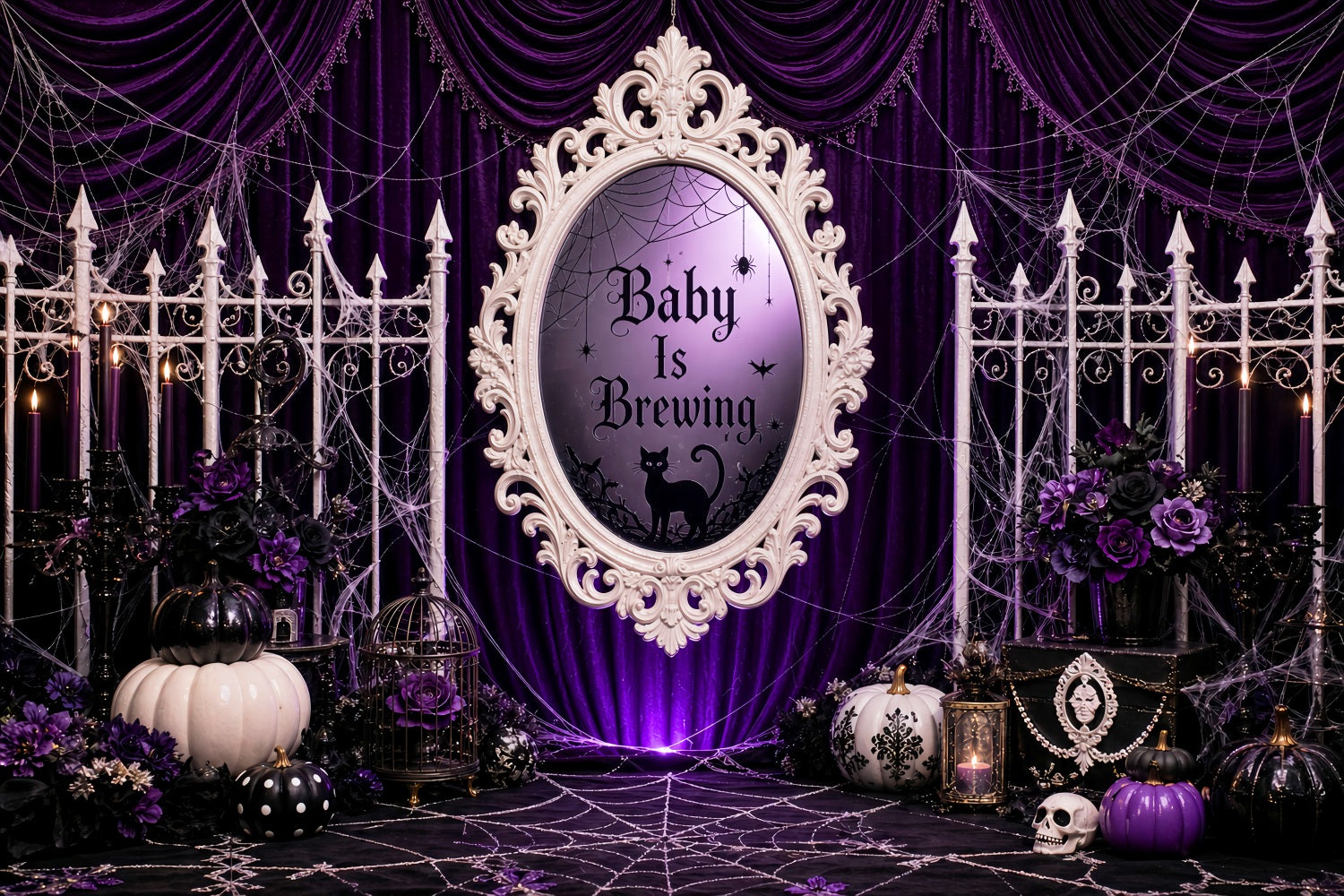 Halloween Baby Shower Backdrop Purple Curtain Witch Pumpkin Photography Halloween Backdrop LXX67-92