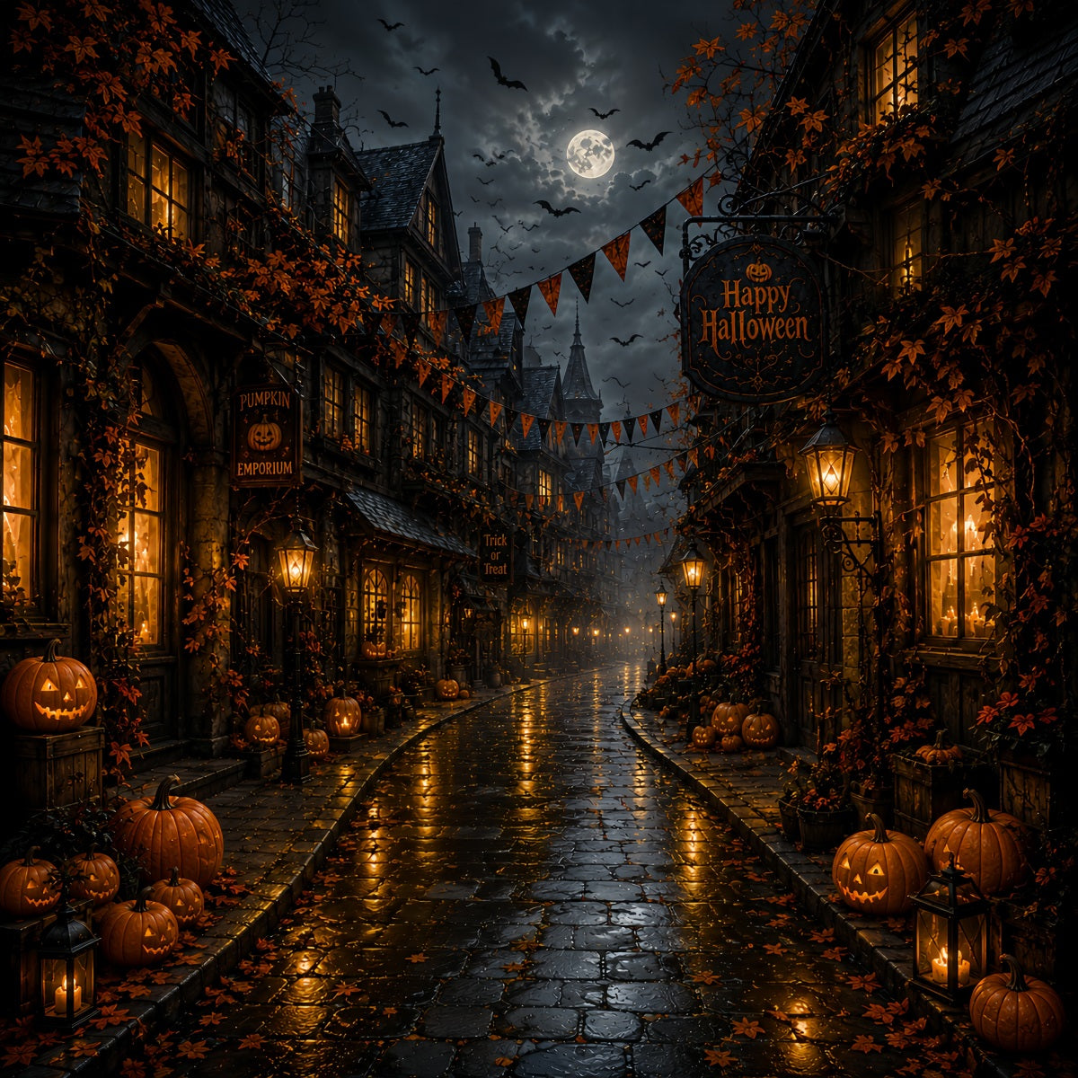 Photography Backdrops Halloween Moonlit Pumpkin Village Street Halloween Town Backdrop LXX67-93
