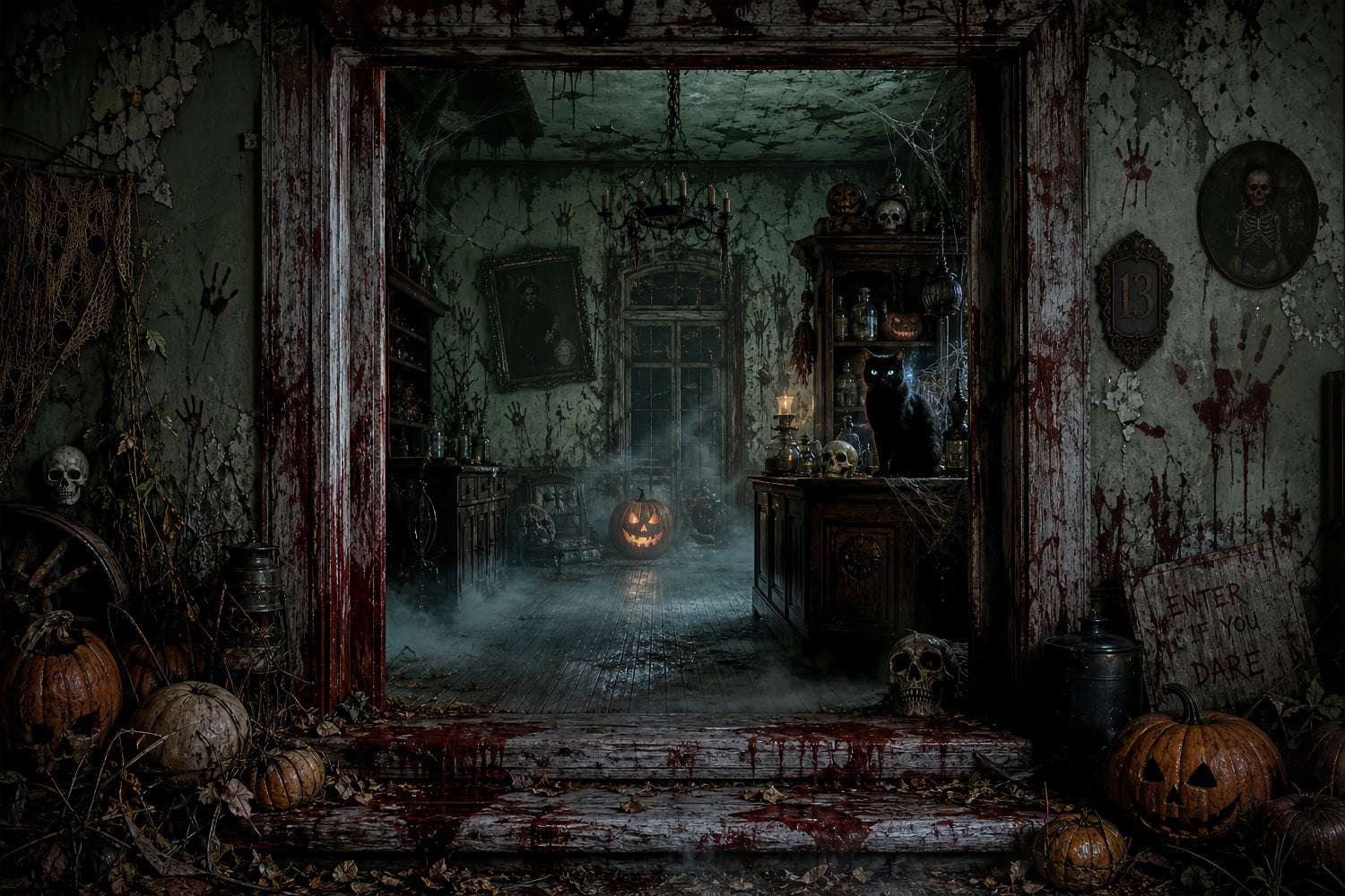 Halloween Party Backdrop Ideas Bloody Haunted Manor Entrance Halloween Scary Backdrops LXX67-94