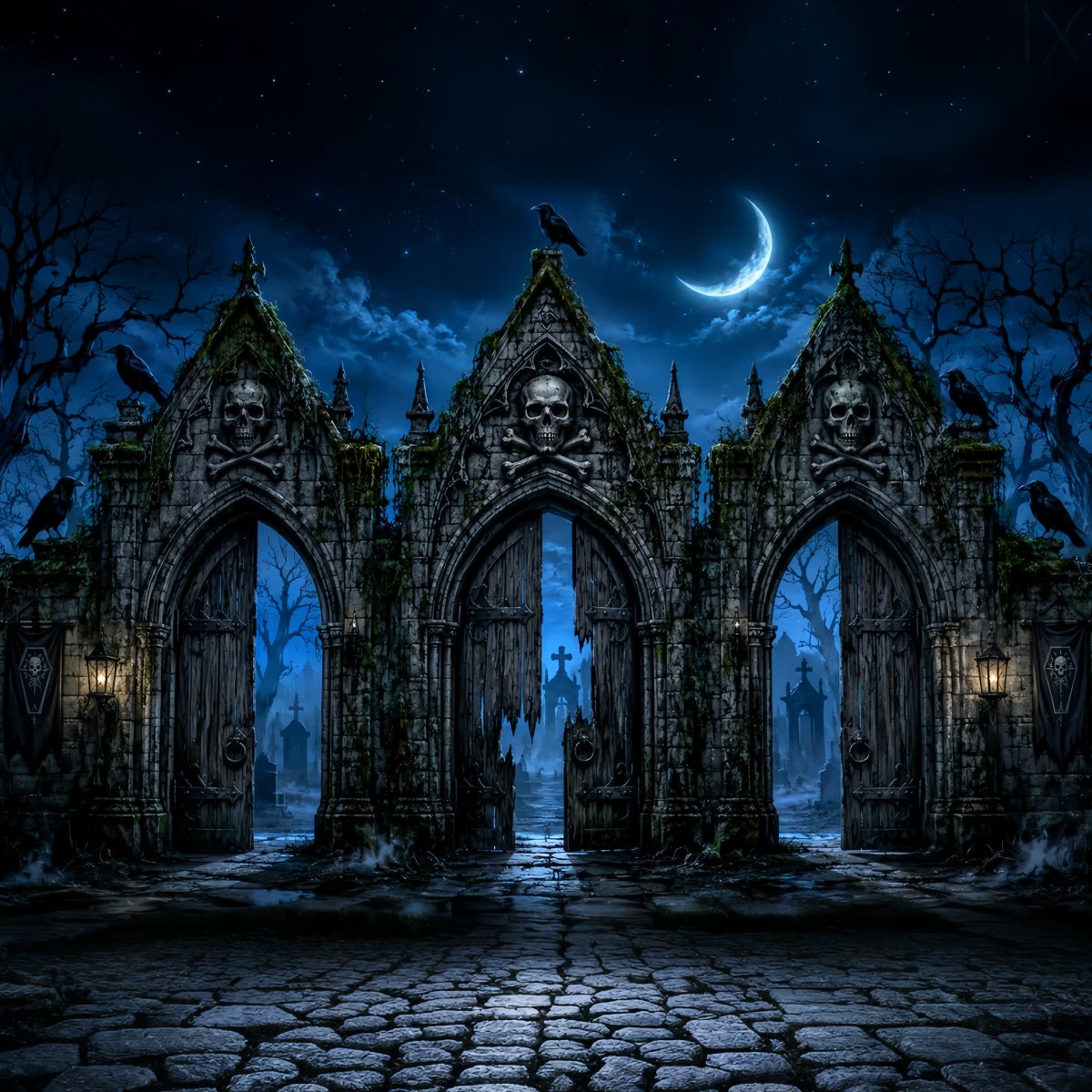 Halloween Backdrop Photography Skull Graveyard Moon Gate Halloween Scary Backdrop LXX67-98