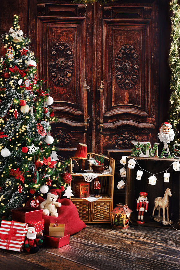 Vintage Room Door Christmas Tree Gifts Backdrop