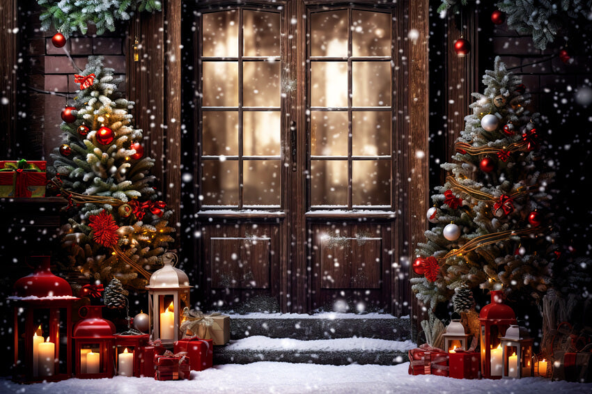 Christmas Door Snowy Night Studio Backdrop