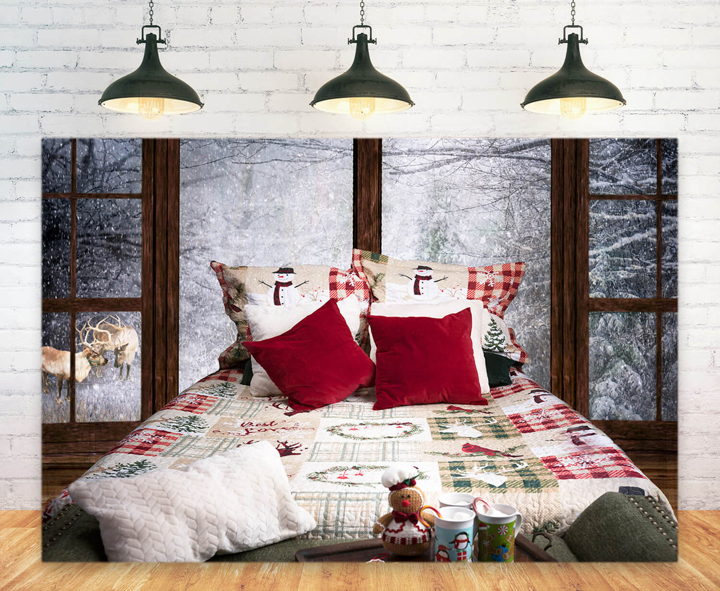 Winter Snowy Window Christmas Bed Backdrop
