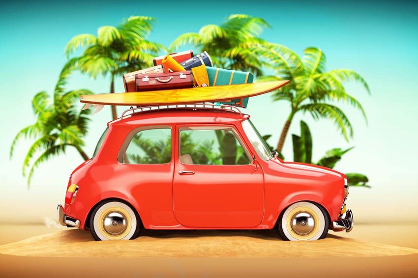Beach Funny Car with Surfboard Suitcases Backdrop