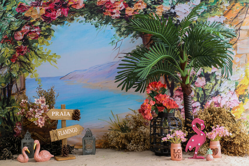Painting Flamingo Palm Tree Flowers Backdrop