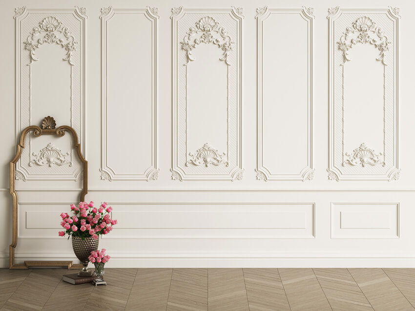 White Retro Wall Wood Floor Backdrop