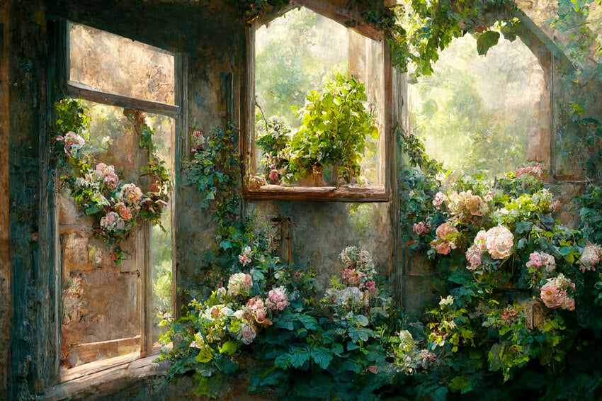 Oil Painting Garden Door Window Backdrop
