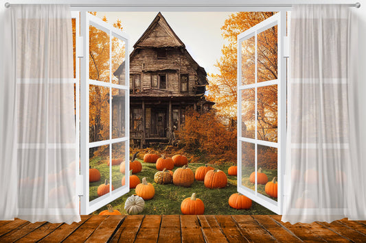 Autumn Window View Pumpkin Old House Backdrop 