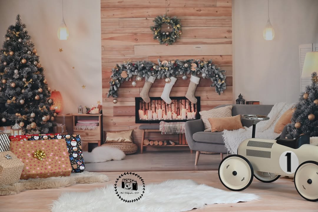 Christmas Tree Fireplace Room Interior Backdrop M6-140