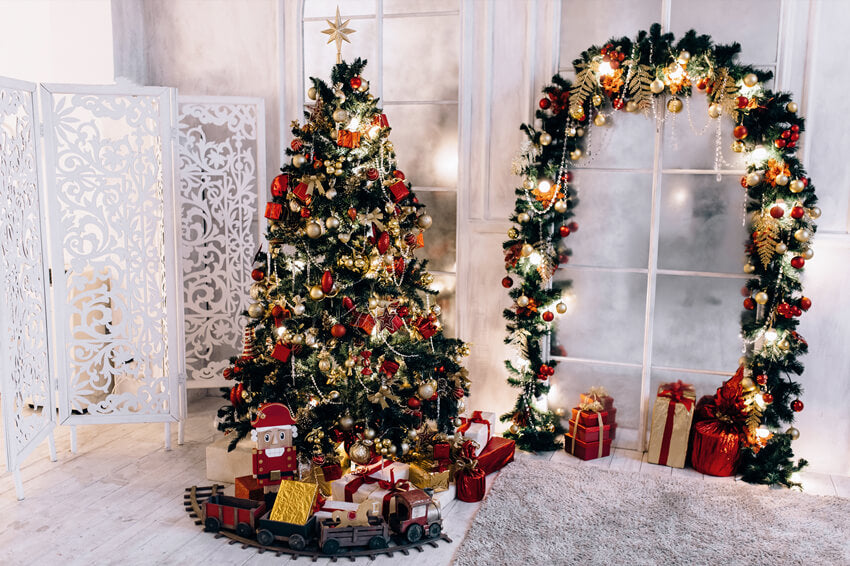 Decorated Christmas Tree Arch Festival Backdrop