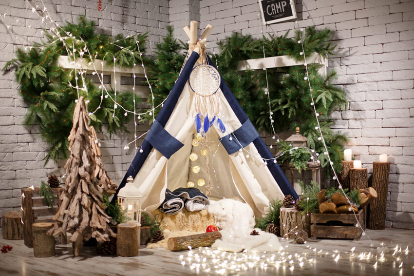 Wooden Christmas Tree Little Tent Lights Backdrop M6-95, 7'W*5'H(2.2*1.5m)