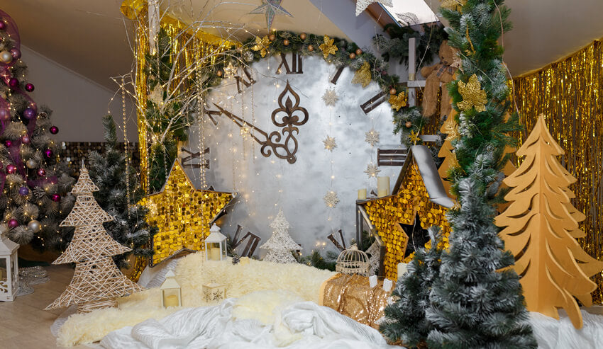 Christmas Evening Bell Golden Stars Fir Tree Backdrop