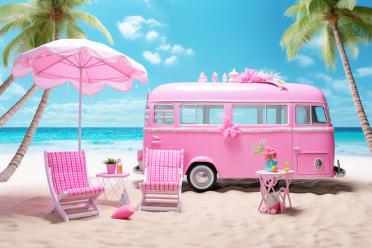Summer Fashion Doll Beach Pink Bus Backdrop