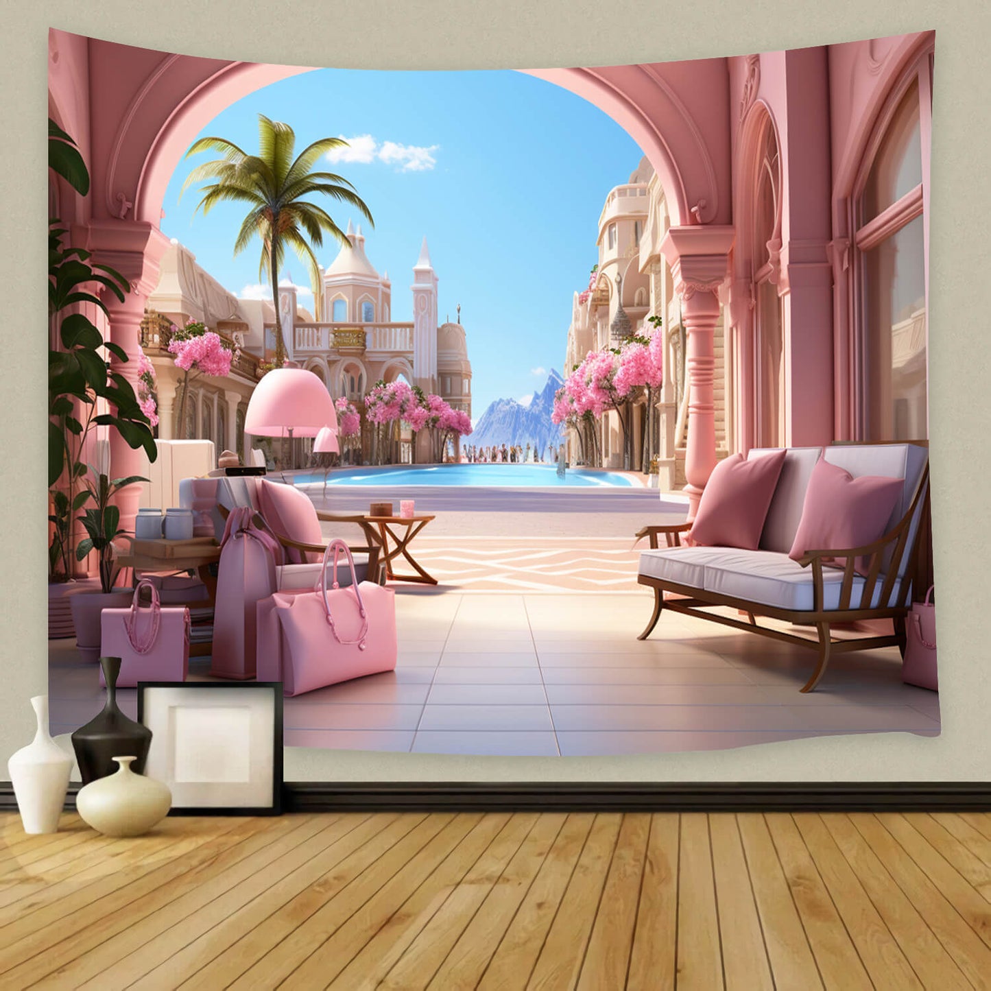 Pink Holiday Castle Fashion Doll Backdrop M8-39