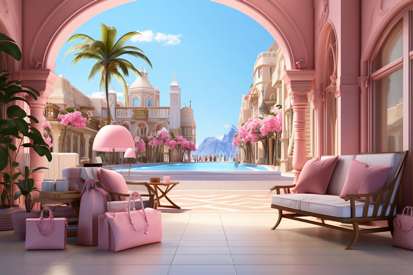 Pink Holiday Castle Fashion Doll Backdrop